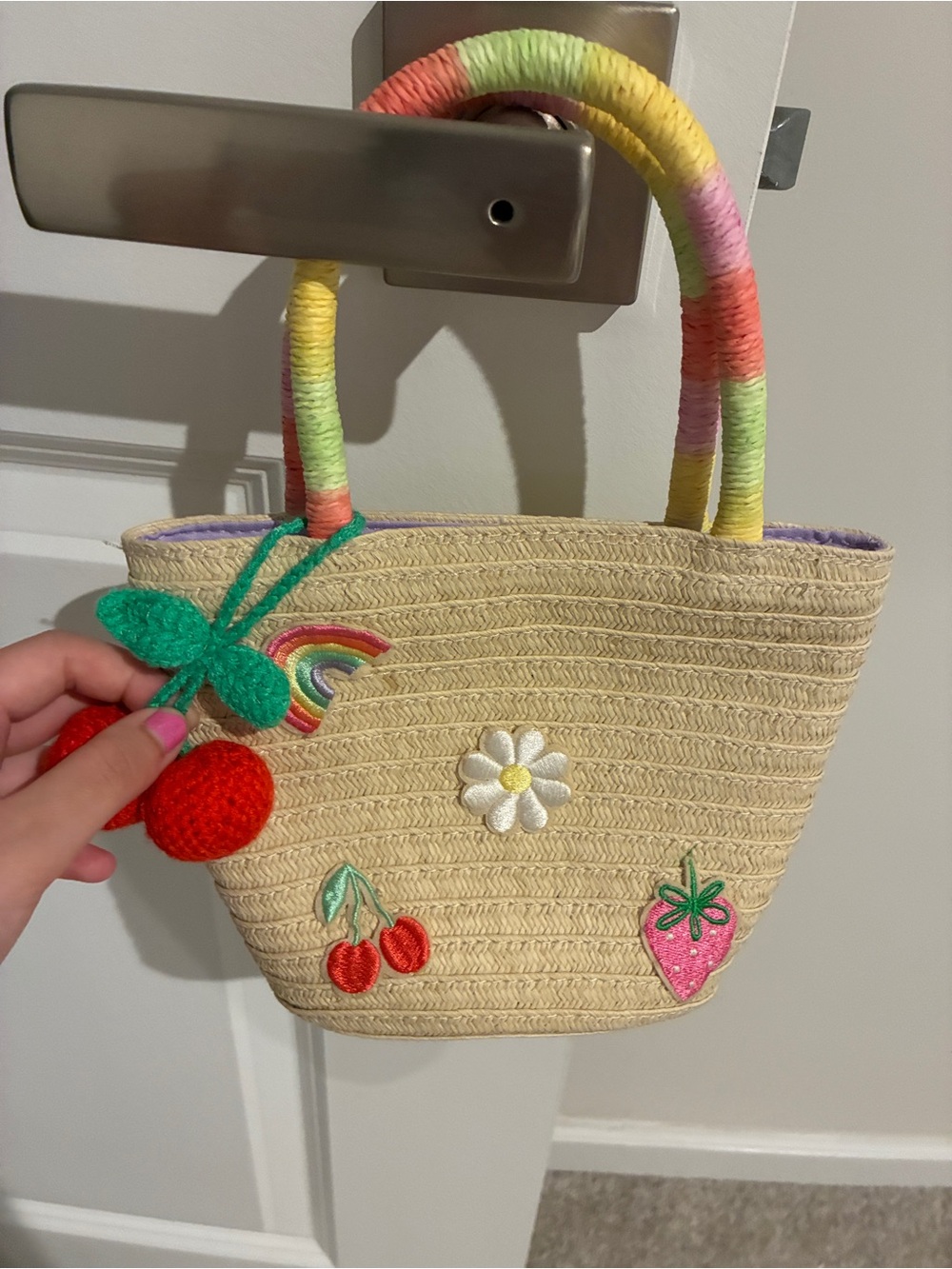 Cat&Jack Cute Straw Tote with Rainbow Handles and Fruit Patches